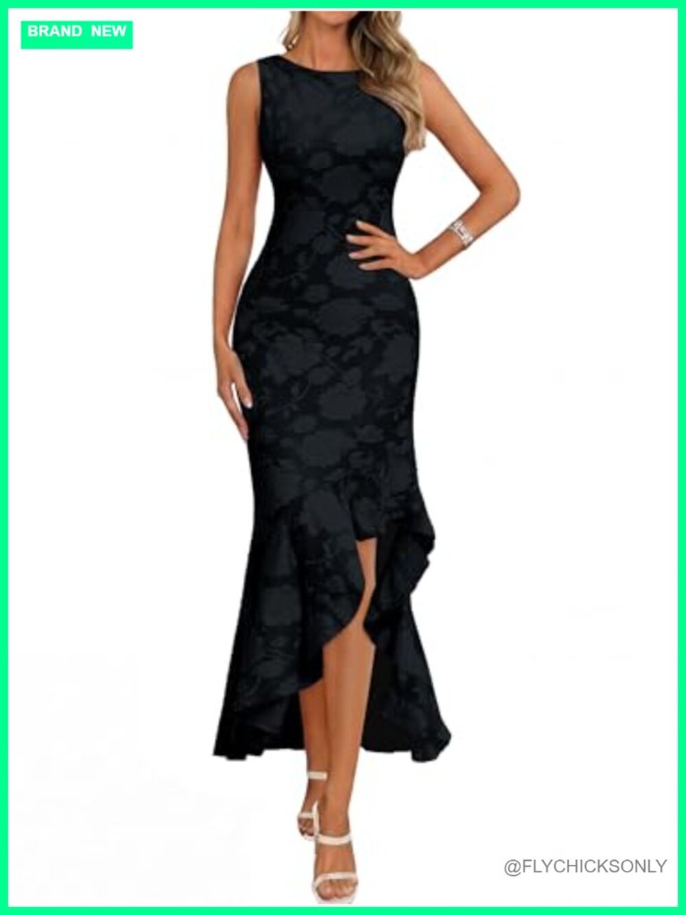 Sleeveless Floral Maxi Bodycon Dress Ruffle High Slit Wedding Guest Cocktail